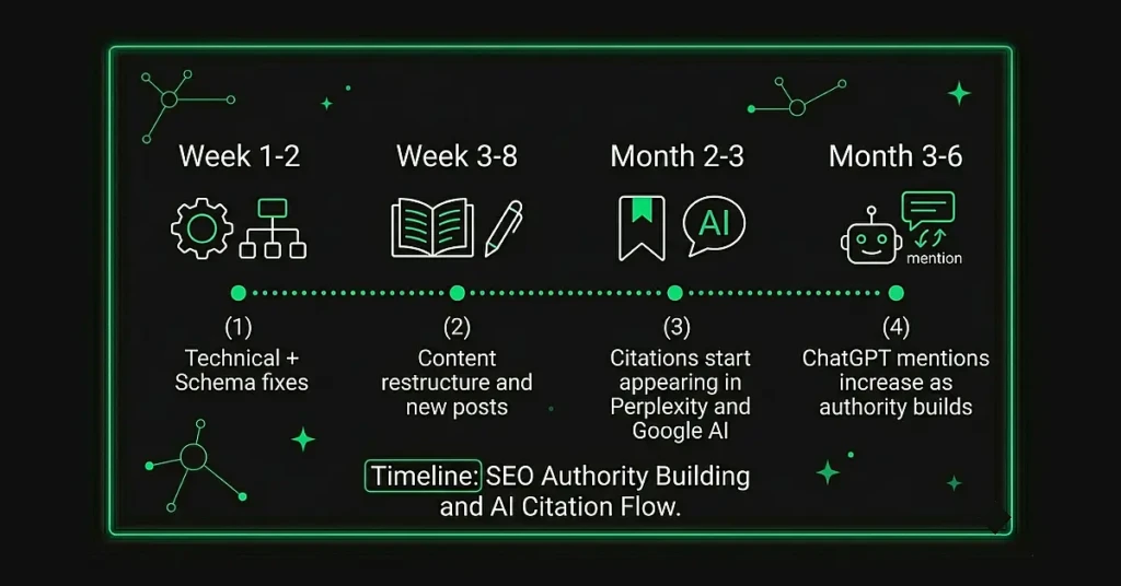Timeline for SEO authority building and AI citation flow