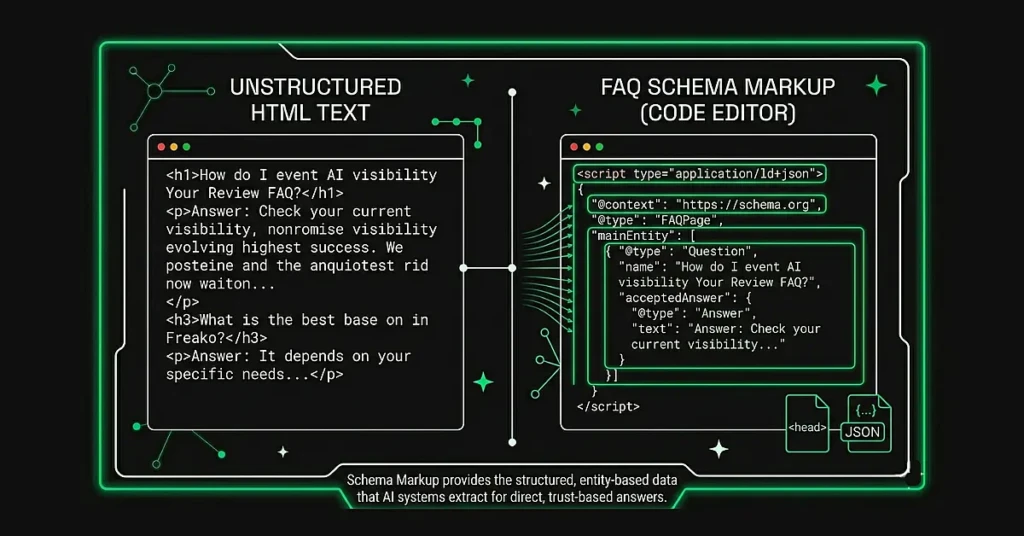 Side-by-side comparison graphic. Left side shows plain HTML text (unstructured), right side shows the same content with FAQ schema markup highlighted in a code editor. Label each side clearly. Dark code editor on the right.