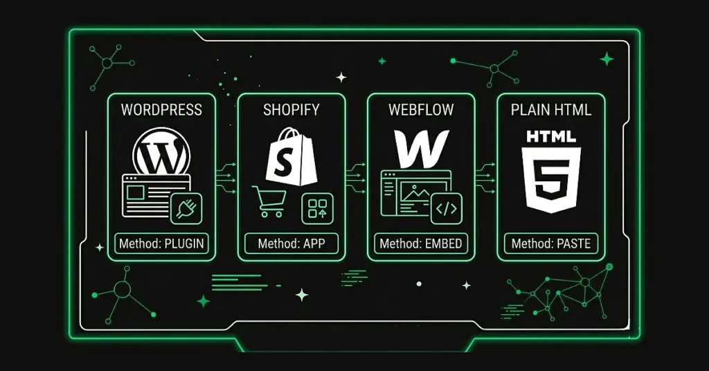 Four platform logos side by side: WordPress, Shopify, Webflow, plain HTML. Below each logo, a short one-liner describing the method (plugin / app / embed / paste).