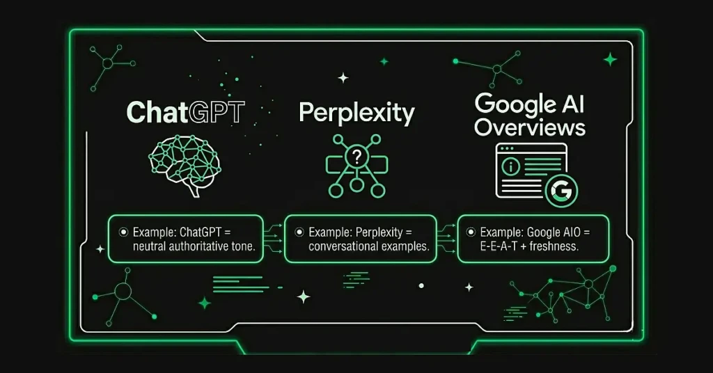 Three AI platform icons: ChatGPT (OpenAI), Perplexity, Google AI Overviews. Each with a small bullet callout. Example: ChatGPT = neutral authoritative tone. Perplexity = conversational examples. Google AIO = E-E-A-T + freshness.