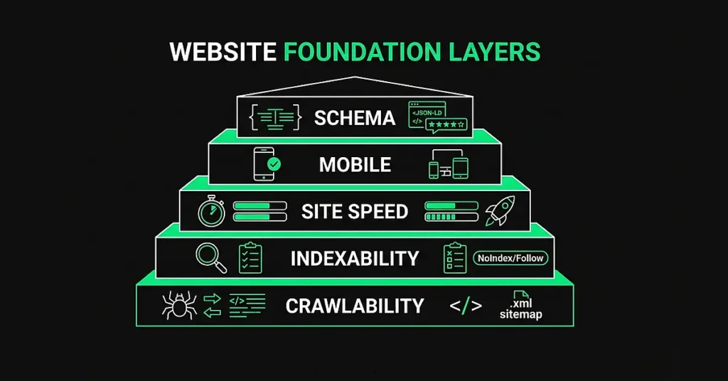 Diagram showing the importance of technical SEO checklist. Five layers of a technical SEO foundation: crawlability, indexability, site speed, mobile optimization, and schema markup