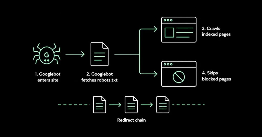 Diagram illustrating how Googlebot crawls a site, with paths for indexed pages, blocked pages, and redirect chains