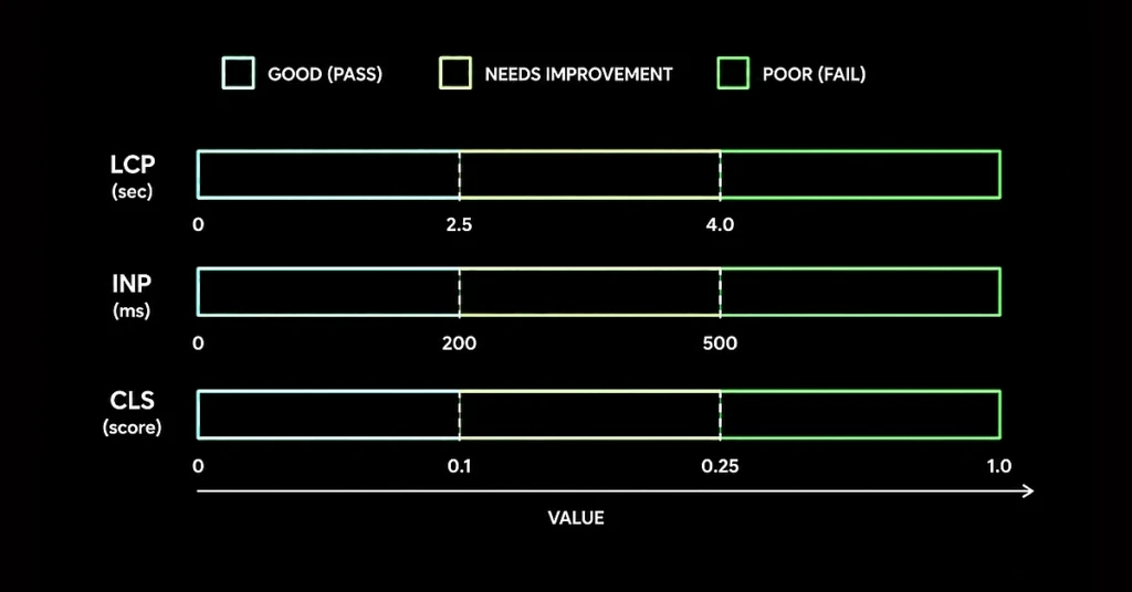 Bar chart showing Core Web Vitals benchmarks for LCP, INP, and CLS with pass and fail thresholds