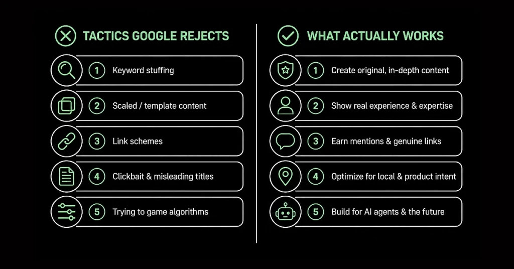 Side-by-side comparison of debunked AI search tactics versus confirmed best practices from Google's 2026 official guide.