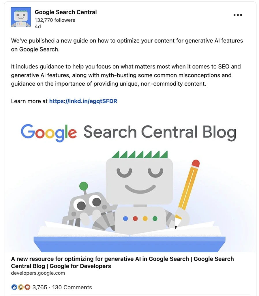 Google Search Central's linkedin post announcing a guide on how to optimize your content for Generative AI features on Google Search.