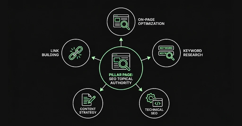 Hub-and-spoke topical authority content cluster diagram