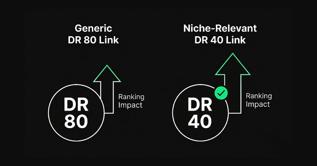 Comparison of generic high-DR link versus niche-relevant lower-DR link ranking impact