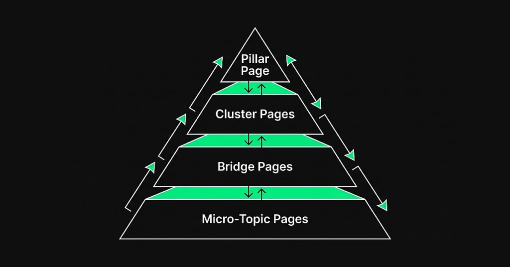 Four-tier topical map hierarchy from pillar page to micro-topic pages