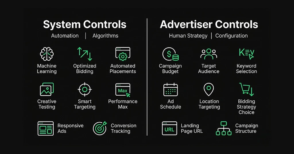 Diagram comparing what Google's automated system controls versus what the advertiser still controls in a Google Ads account.