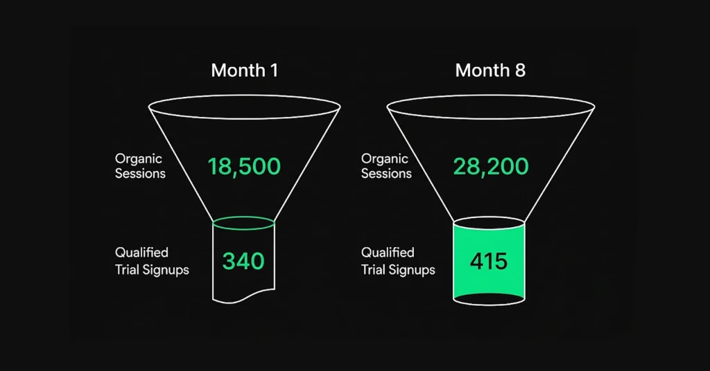 Funnel chart comparing organic sessions to qualified trial signups in month 1 versus month 8, showing signups growing from 340 to 415.
