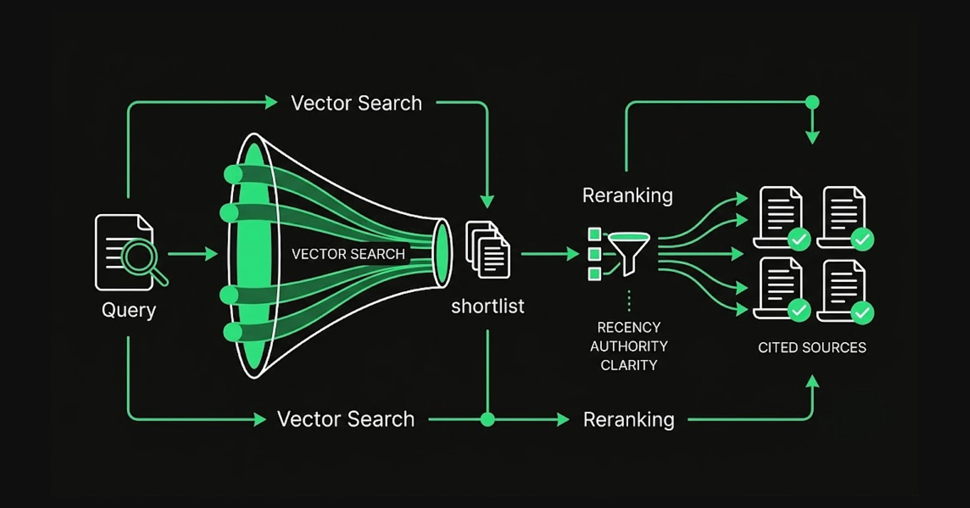 Diagram of the two-stage RAG retrieval process AI search engines use to select and cite sources.