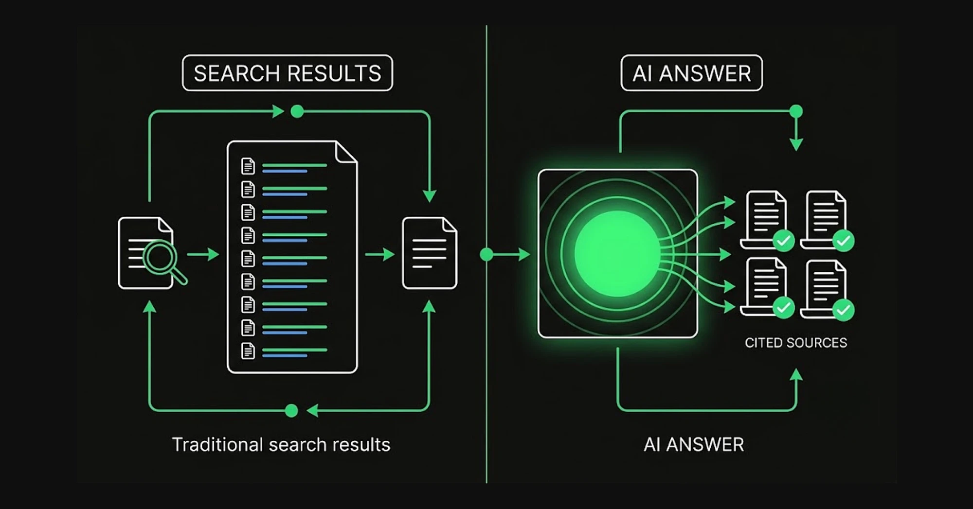 Conceptual diagram contrasting a traditional search results list with an AI-generated answer citing sources.