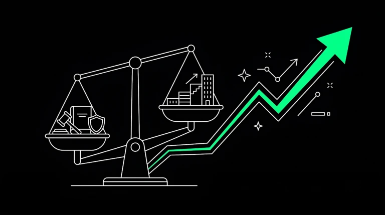 Abstract illustration pairing a justice scale with an upward growth line, symbolizing the law firm's search visibility gains