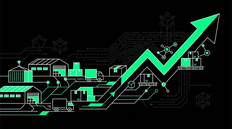 Abstract illustration of a logistics network connecting to an upward growth line, representing organic traffic growth from link building.