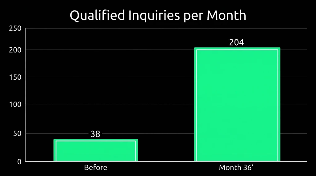 Bar chart comparing qualified inquiries per month before the campaign (38) and at month 36 (204), a 558% increase