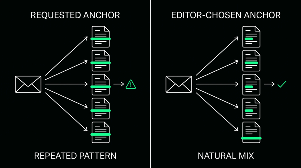 Comparison of one repeated requested anchor across five sites versus varied editor-chosen anchors
